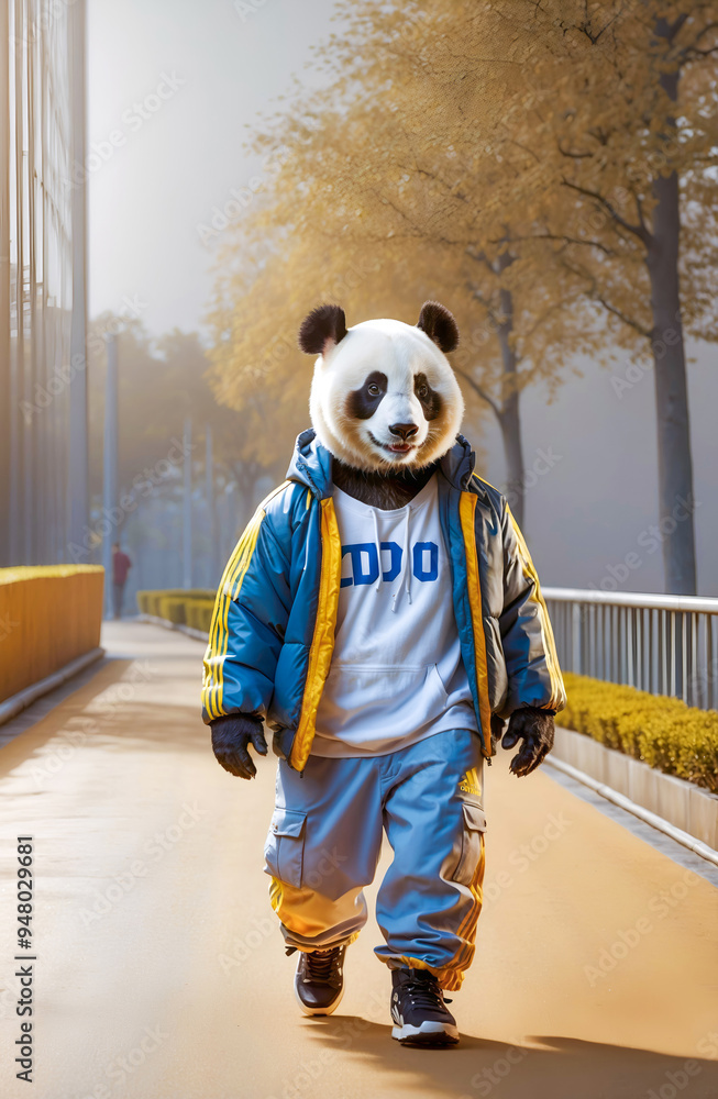 Panda in a tracksuit, against the background of an autumn landscape. Panda in a tracksuit, against the background of an autumn landscape.