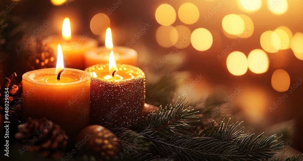 Festive Christmas Candles and Ornaments with Snowflakes Festive Christmas Candles and Ornaments with Snowflakes