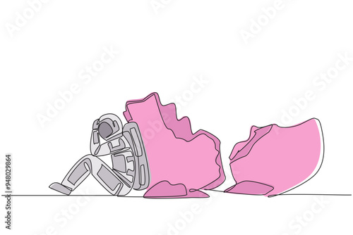 Single continuous line drawing astronaut sit slump next to a large, destroyed big piggy bank. There is no financing of space expeditions. Failed mission. Cosmonaut. One line design vector illustration
