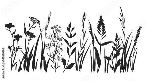 A summer collection of various herbs on a white background. A place for the text. Black and white illustration