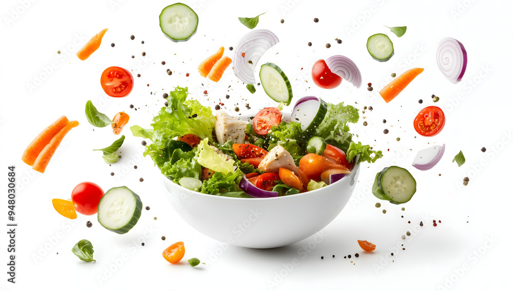 Salad ingredients flying out from bowl on white background Salad and Tossed Concept. Salad ingredients flying out from bowl on white background Salad and Tossed Concept.