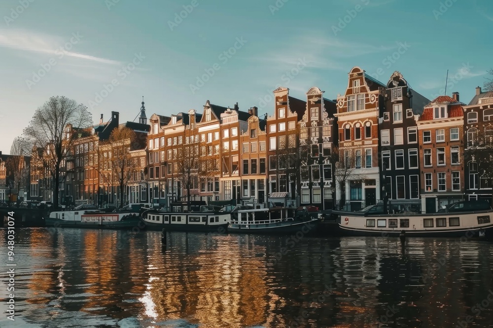 Obraz premium Canal reflecting the golden light of sunset on the traditional dutch houses of amsterdam, netherlands