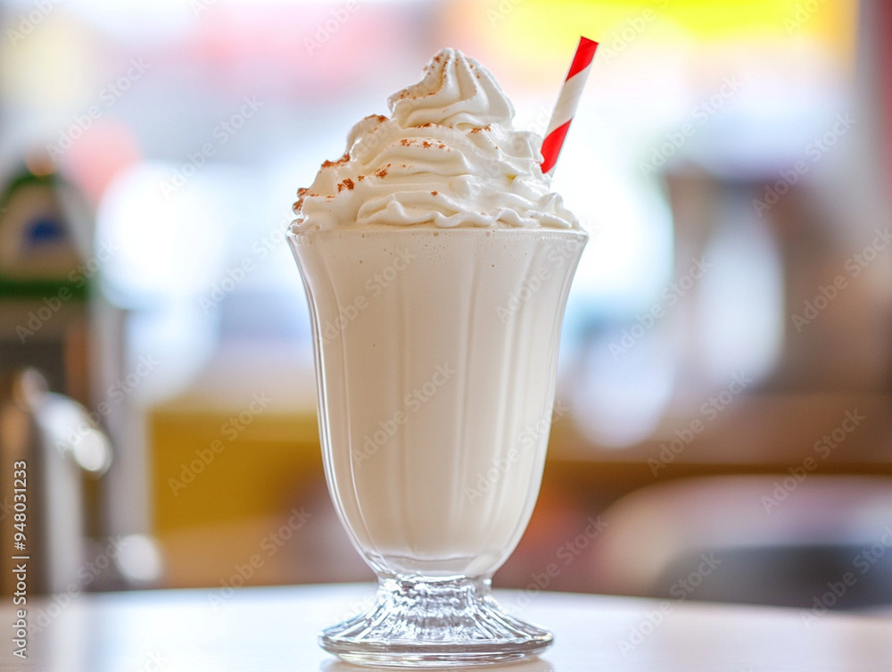 Vanilla Milkshake Topped with Whipped Cream, in Tall Glass. Vanilla Milkshake Topped with Whipped Cream, in Tall Glass.