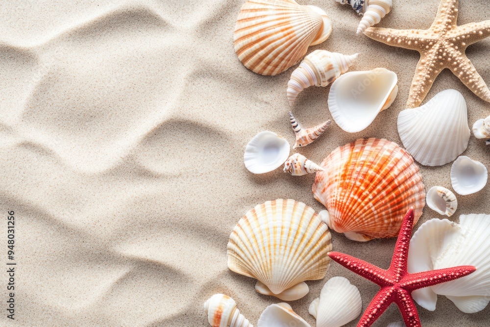 Serene beachscape with shells starfish on sandy background Serene beachscape with shells starfish on sandy background