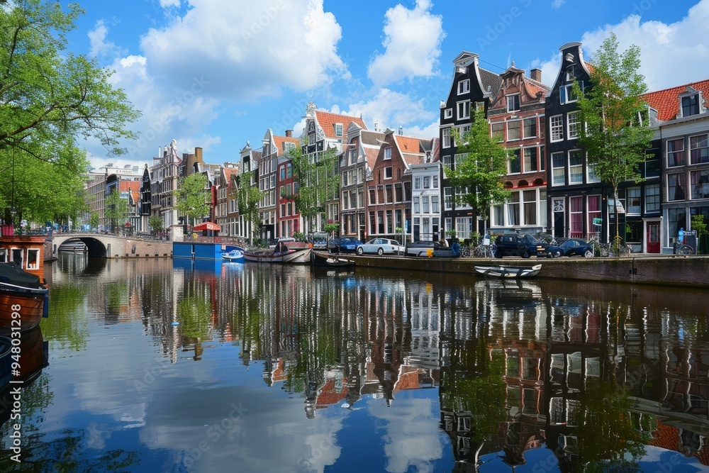 Obraz premium Canal reflecting traditional dutch houses under a blue sky on a sunny summer day in amsterdam, netherlands