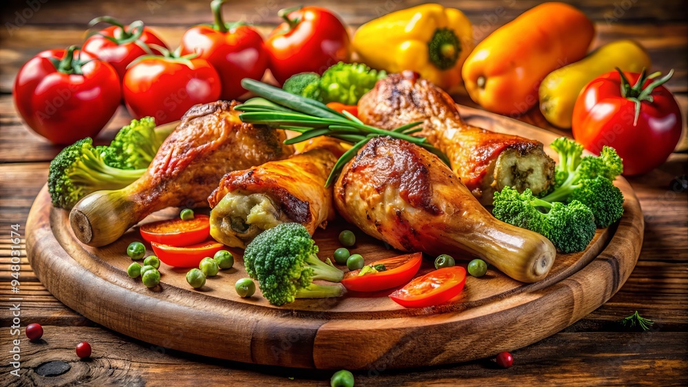 Freshly cooked drumsticks and colorful vegetables, including carrots, bell peppers, and broccoli, arranged artfully on a rustic wooden cutting board against a blurred background. Freshly cooked drumsticks and colorful vegetables, including carrots, bell peppers, and broccoli, arranged artfully on a rustic wooden cutting board against a blurred background.