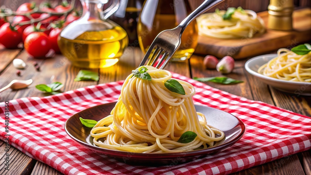 Freshly cooked spaghetti twirled around a fork on a checkered tablecloth in a quaint Italian trattoria, surrounded by bottles of wine and olive oil. Freshly cooked spaghetti twirled around a fork on a checkered tablecloth in a quaint Italian trattoria, surrounded by bottles of wine and olive oil.