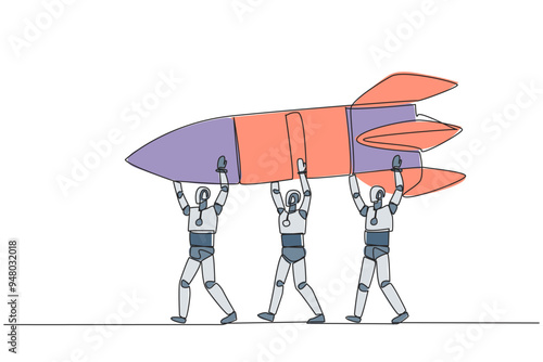Single continuous line drawing a group of robots work together carrying a rocket. New branch. Managed reliably by the smartest robots. Profit. Future technology. One line design vector illustration