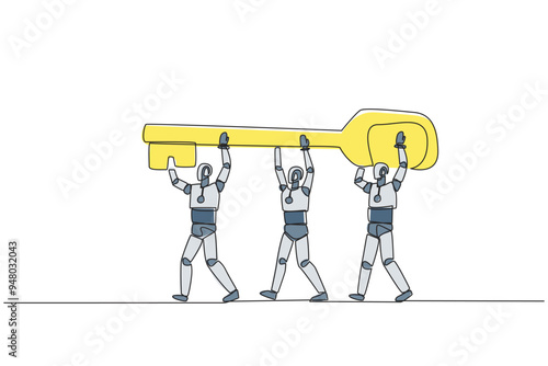 Continuous one line drawing group of robots work together carrying the key. Artificial intelligence is able to find out the password to open access. Tech. Single line draw design vector illustration