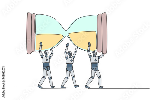 Single one line drawing group of robots work together to carrying an hourglass. Sets the countdown. Bring classic items. Technology artificial intelligence. Continuous line design graphic illustration