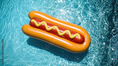 A vibrant inflatable hot dog float swimming in a crystal-clear pool, perfect for summer fun and pool parties. photo