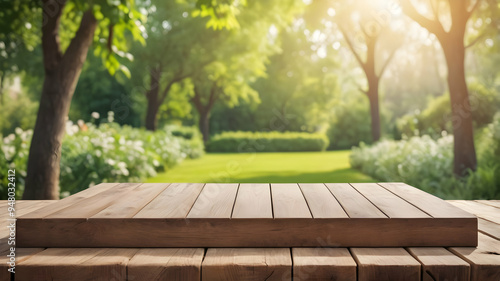 Empty vintage wooden deck, blurred green trees in garden with sunlight on background. Perfect to use on product presentation