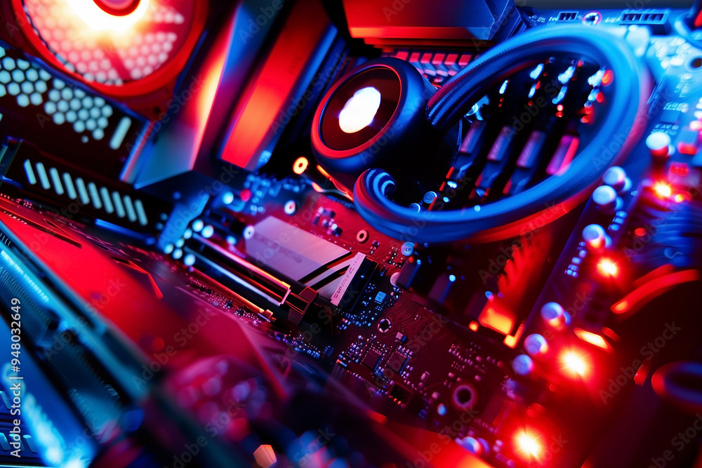 Fototapeta premium Closeup details of a computer that has many colorful lights on it. Generative AI