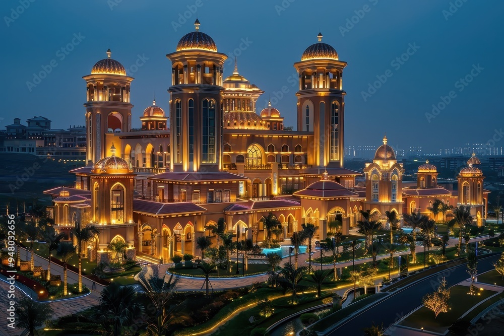 Fototapeta premium Emphasizes the opulence and grandeur of a modern casino resort, a destination for luxury and entertainment.