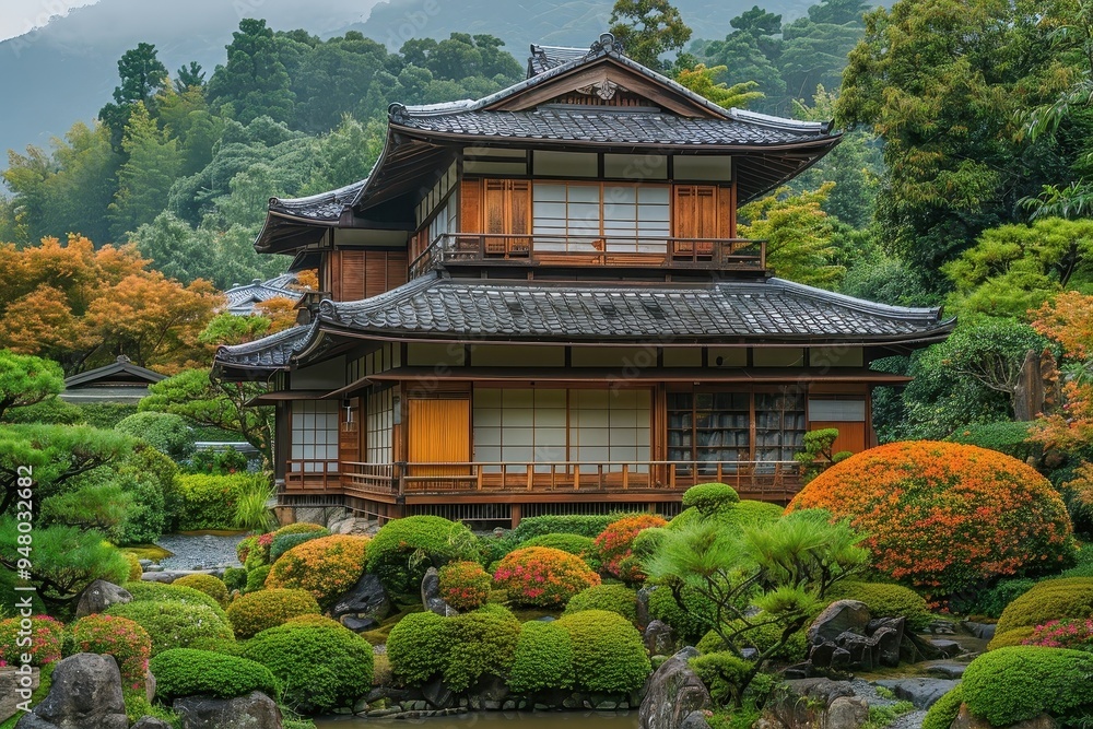 A peaceful and serene scene, showcasing the harmony between traditional Japanese architecture and nature. A peaceful and serene scene, showcasing the harmony between traditional Japanese architecture and nature.