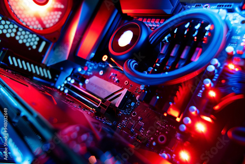 Closeup details of a computer that has many colorful lights on it. Generative AI