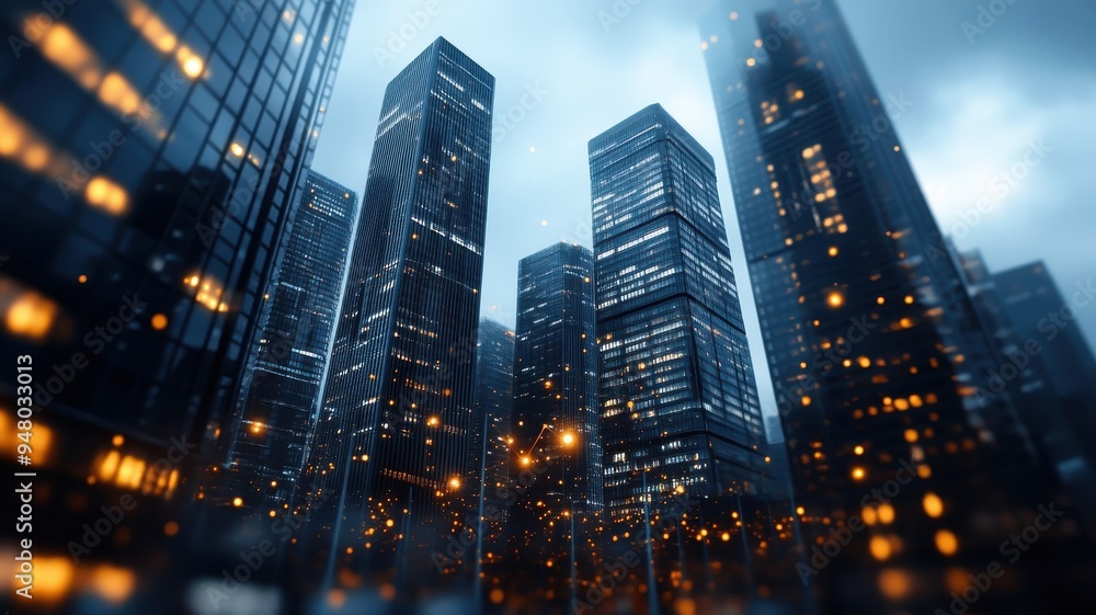 Fototapeta premium Digital virus attacking interconnected network in a dark cityscape.