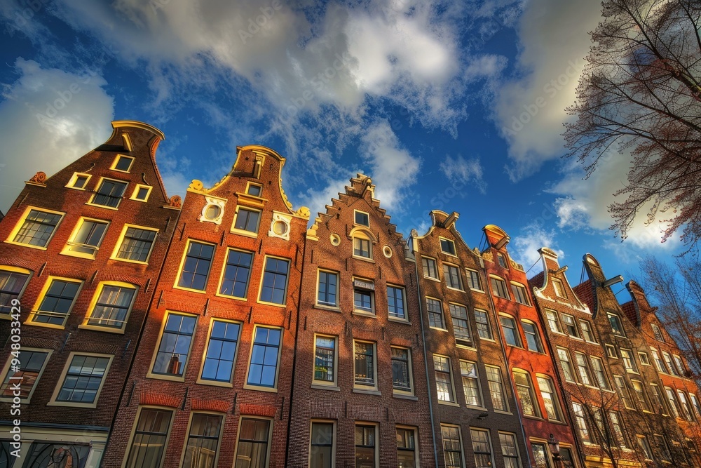 Obraz premium Row of brick traditional dutch houses with gable facades under blue sky on sunny day in amsterdam, netherlands