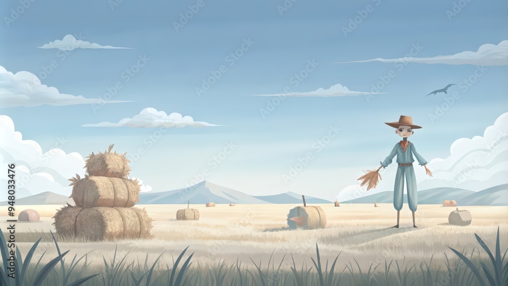 Obraz premium A Cartoon Scarecrow Standing in a Field of Hay Bales