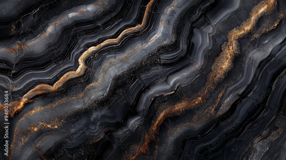 Elegant black and gold marble texture with flowing patterns captured in ...