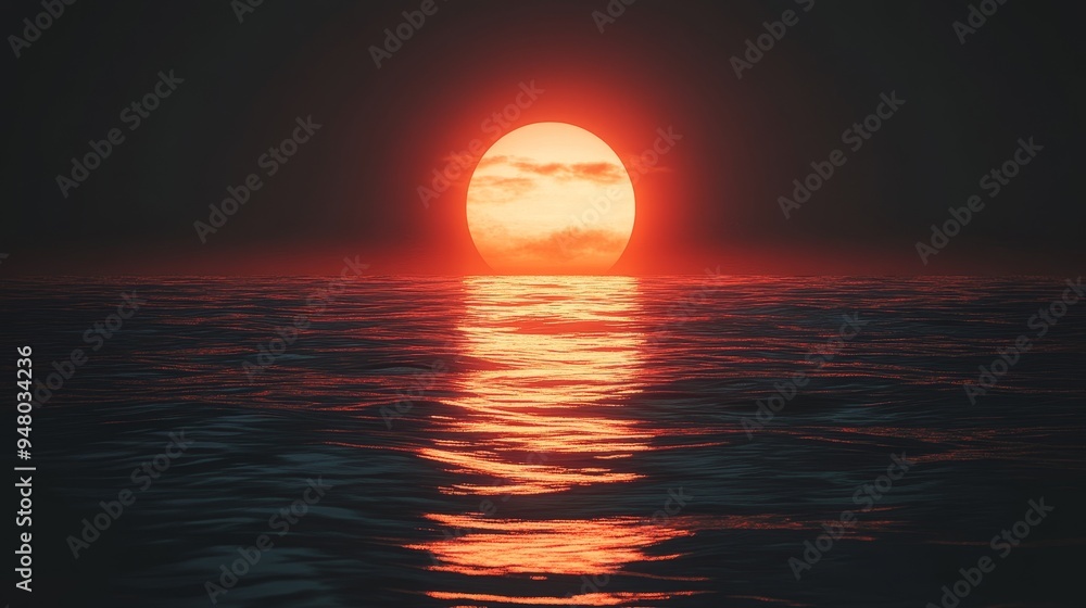 A large red sun is reflected in the water A large red sun is reflected in the water