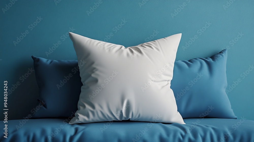 A white pillow sits on a blue pillow on a bed A white pillow sits on a blue pillow on a bed