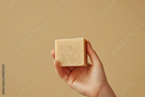 A person showcasing a premium artisanal soap against a solid color background, emphasizing its elegant packaging and luxurious quality.  photo