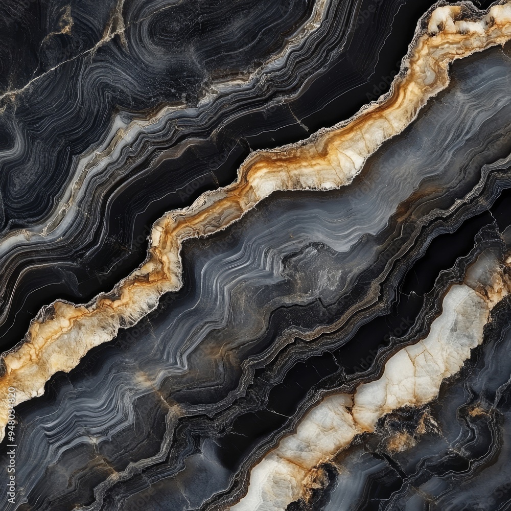 Beautiful black and gold agate rock formation with intricate patterns and textures Beautiful black and gold agate rock formation with intricate patterns and textures