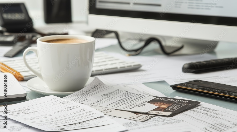 A journalist s desk cluttered with notes, press passes, a coffee cup, and a computer displaying a breaking news story A journalist s desk cluttered with notes, press passes, a coffee cup, and a computer displaying a breaking news story