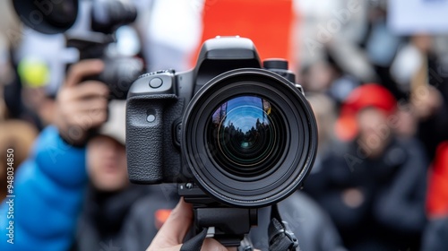 A journalist s camera capturing the perfect shot, framed by the crowd during a public demonstration photo