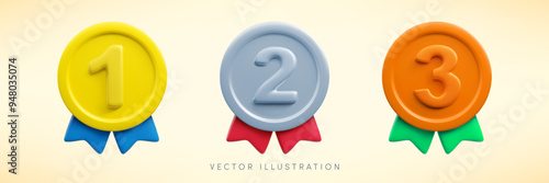 Vector cartoon 3d medal with numbers and ribbons realistic icon set. Trendy gold, silver and bronze round award, abstract cute badge warranty sign. 3d render metallic certificate badge collection.