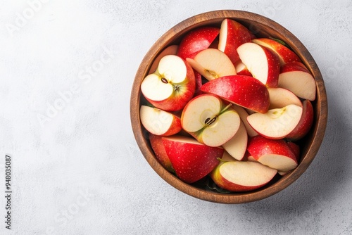 Fresh red slices in wooden bowl on light background