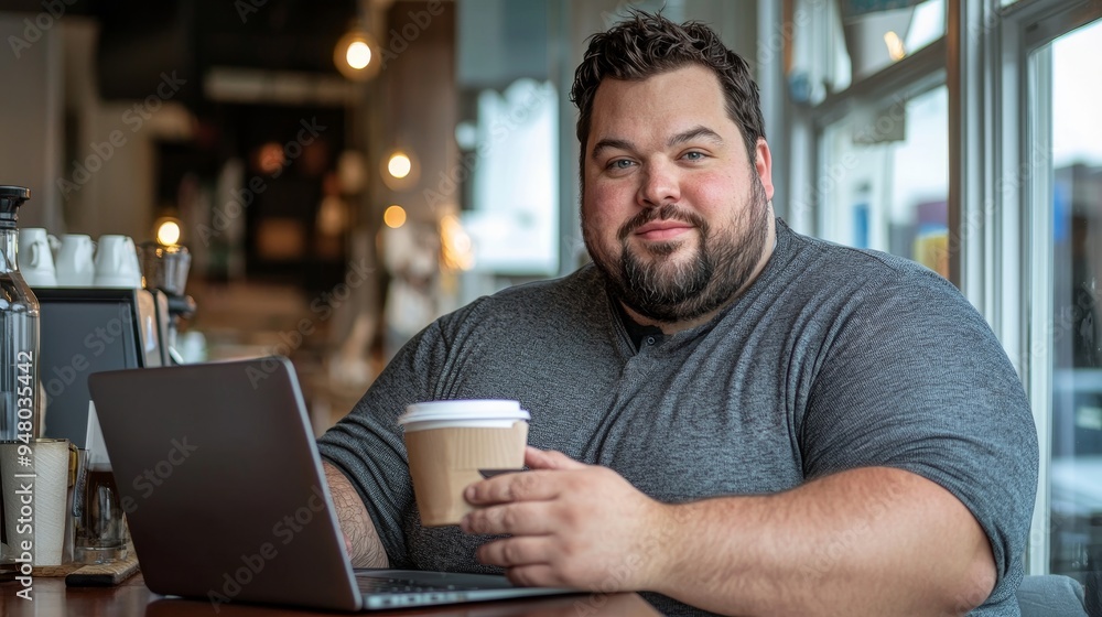 A plus-size man at a coffee shop, sipping coffee and working on his laptop, focused and productive, copy space A plus-size man at a coffee shop, sipping coffee and working on his laptop, focused and productive, copy space
