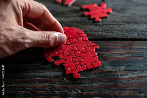 Hand Assembling Red Puzzle Piece into Head Shape on Wooden Surface. Concept for mental health, celebrity's mind labyrinth