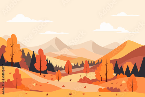Autumn landscape of forest and mountains. Stunning landscape of mixed forest in the autumn season. Beautiful colorful trees and fields, fallen leaves and mountains. Autumn vector illustration.
