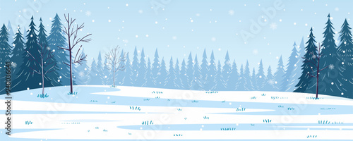 Winter landscape vector illustration. Beautiful panoramic winter landscape of a clearing in the forest under snow and snow-covered trees. Winter day outdoors in snowy weather. Christmas design.