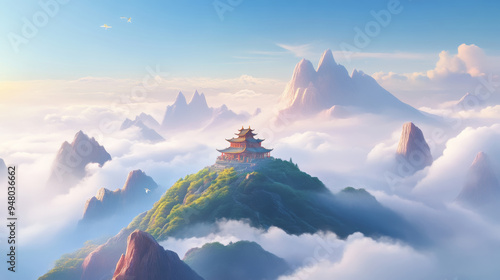 chinese myth scene, temple on the mountain, animated scene