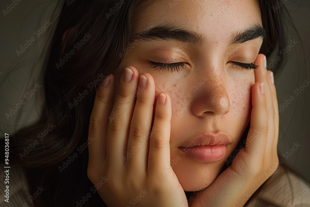 A beautiful young latin woman holding her soft face in this horizontal close up A beautiful young latin woman holding her soft face in this horizontal close up