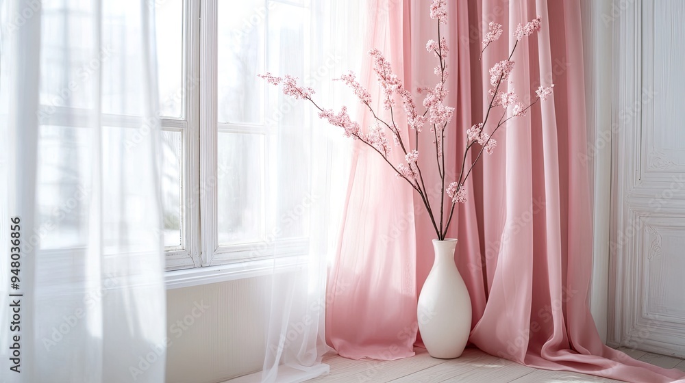 Delicate pink silk curtains, gently fluttering in a light breeze, adding a romantic touch to a vintage-inspired room. Delicate pink silk curtains, gently fluttering in a light breeze, adding a romantic touch to a vintage-inspired room.