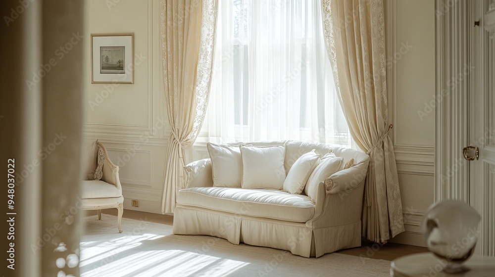 Ivory silk curtains with subtle floral patterns, hanging in a bright, airy room with classic furnishings. Ivory silk curtains with subtle floral patterns, hanging in a bright, airy room with classic furnishings.