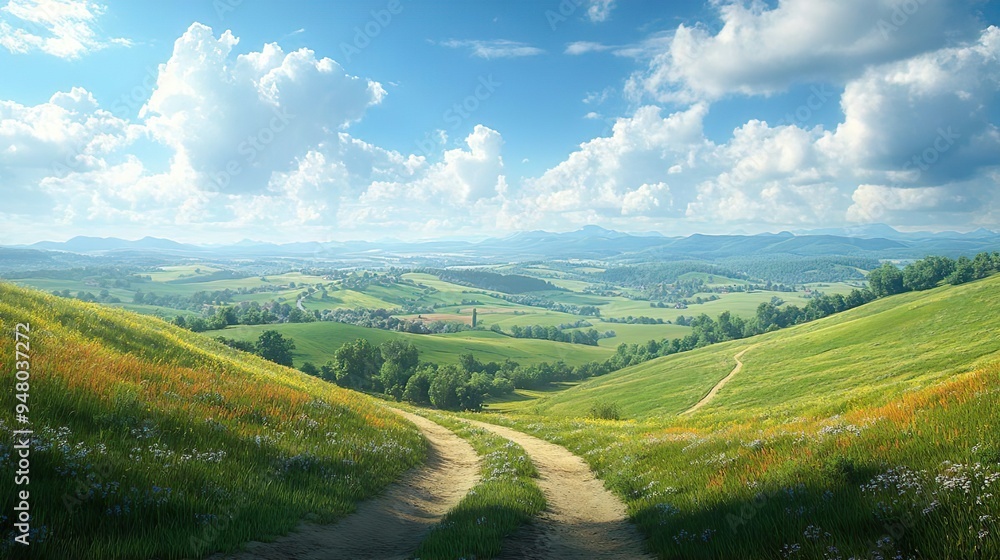 Vast Rolling Countryside with Lush Farmlands and Winding Dirt Roads Leading to Scenic Views Vast Rolling Countryside with Lush Farmlands and Winding Dirt Roads Leading to Scenic Views