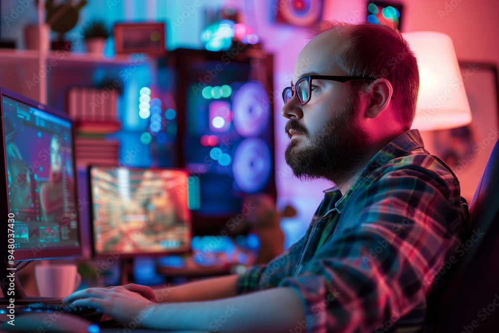 Geek at home with artificial light, tech-themed background. Generative AI Geek at home with artificial light, tech-themed background. Generative AI