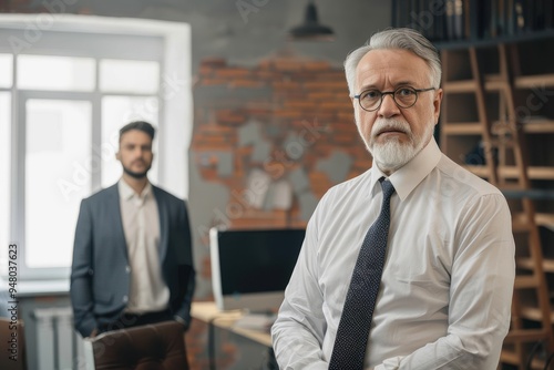 portrait of confident old and young businessman in office