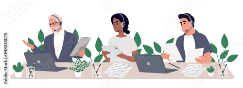 Call center operators are sitting at a desk in a cozy office. Concept illustration for support, call center. Vector illustration in flat style