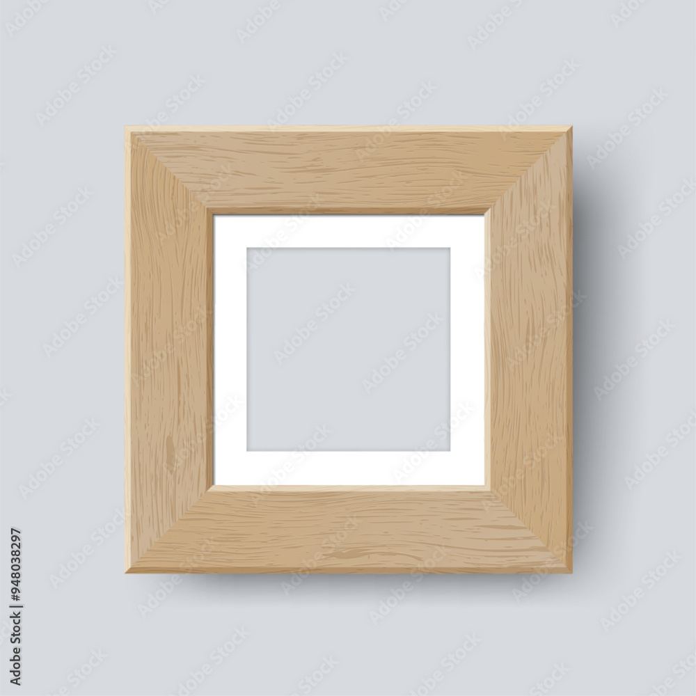 Empty Wooden Wall Frame Mockup Template. Vector Realistic natural wide wood picture frame with shadow on grey wall background. Interior mockup for poster, banner, photo gallery, presentation, painting Empty Wooden Wall Frame Mockup Template. Vector Realistic natural wide wood picture frame with shadow on grey wall background. Interior mockup for poster, banner, photo gallery, presentation, painting