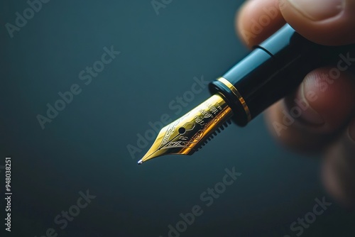 An individual holding a designer fountain pen with a solid color background, emphasizing the penâ€™s luxury, craftsmanship, and sophisticated design.  photo