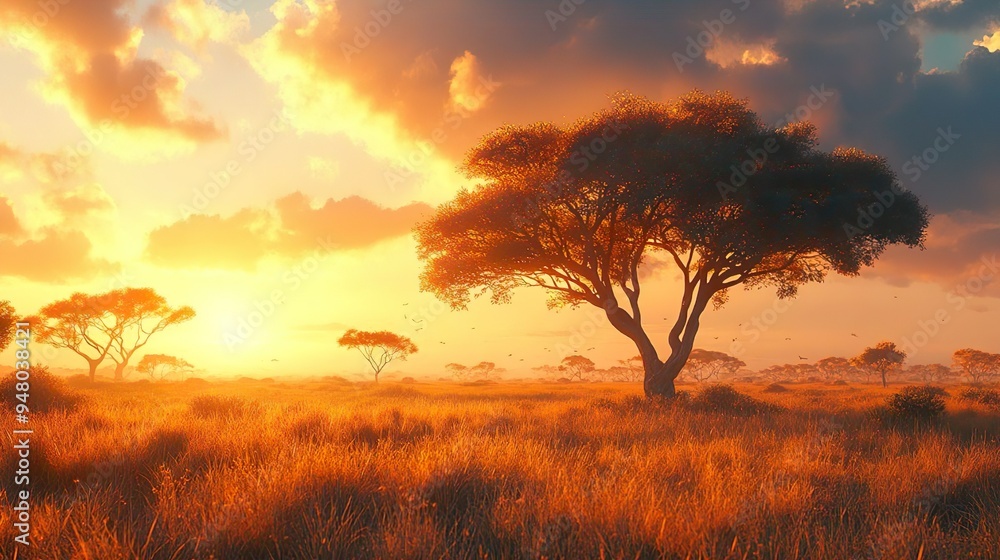Large Savannah Terrain with Iconic Acacia Trees and Warm Golden Horizon for Peaceful Views Large Savannah Terrain with Iconic Acacia Trees and Warm Golden Horizon for Peaceful Views