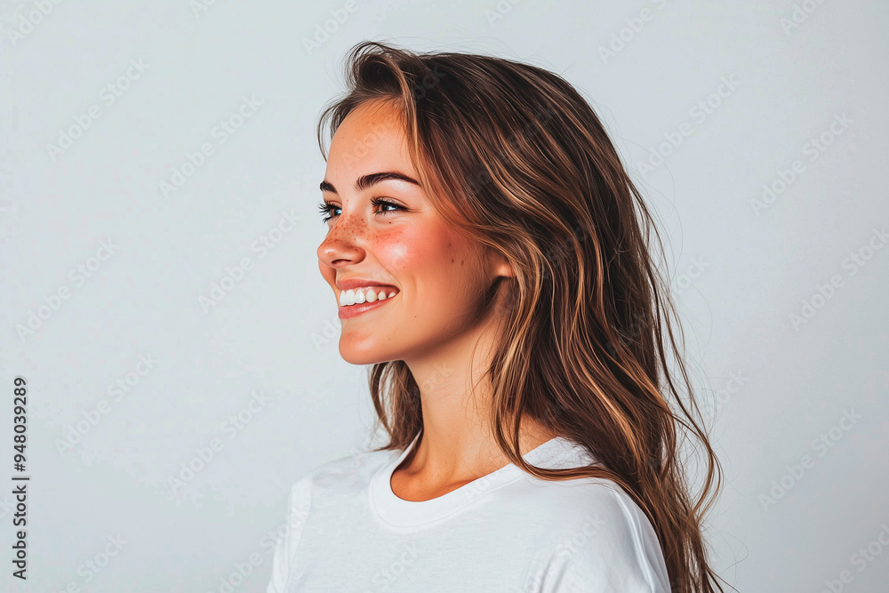Fototapeta premium smile, photo, full color photo of side profile portrait of a woman with white t-shirt, seamless white background, high contrast