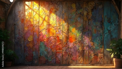 Stained glass texture with a colorful, abstract pattern, creating a dynamic light effect on walls. Ideal for decorative accents.