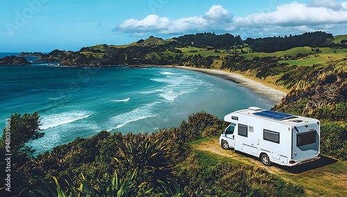 Camper Van Parked on Hillside Overlooking Coastal Beach